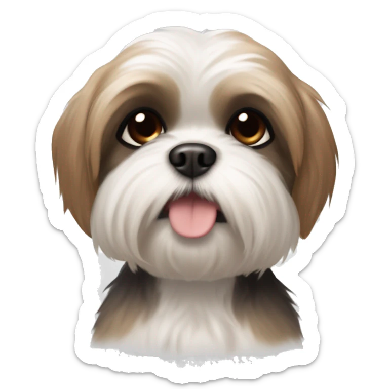A white shih tzu with black eyes very light brown hair around the eyes brown ears which fade to black at the bottom in a University of Texas Shirt on and make it Pixar style sticker