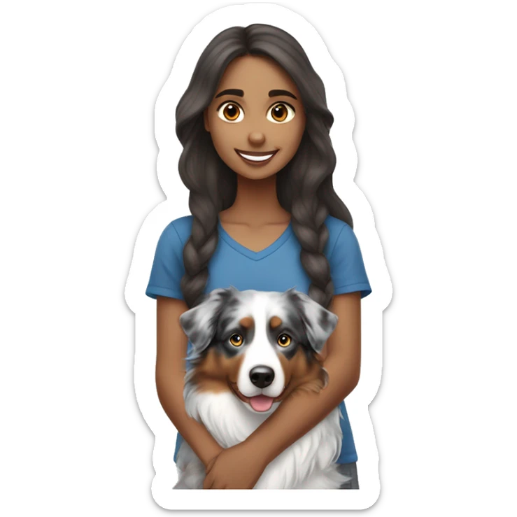 Girl with long brown hair holding blue merle Australian shepherd  sticker