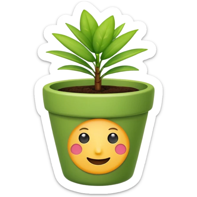 top view of a flower pot with a small plant, emoji style sticker