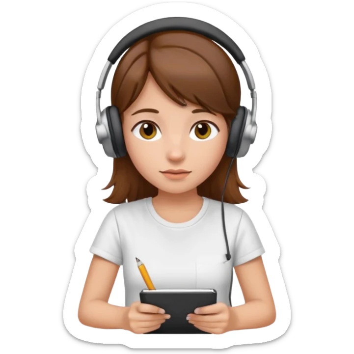 brown-haired girl wearing white t-shirt, headphones, writing in notebook, apple emoji style, no background, no text sticker