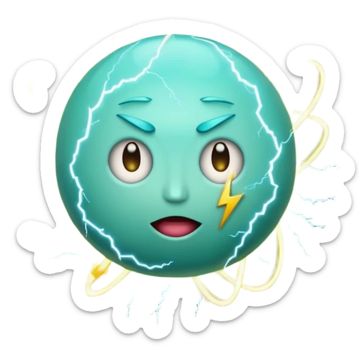 Uranus planet emoji with a quirky face, blue-green hues, dynamic rings, electric sparks and lightning, embodying chaos and sudden change, Apple-style emoji sticker
