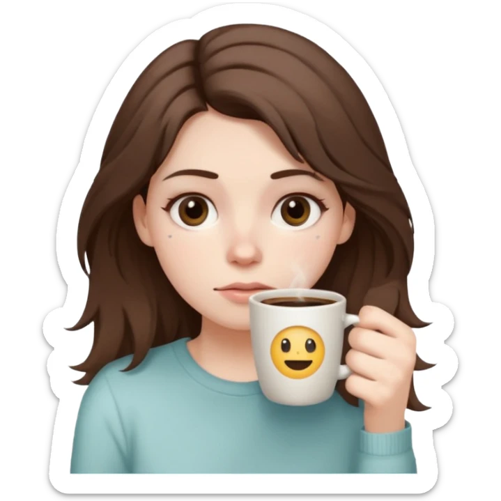 tired woman with dark circles under eyes holding a coffee cup, messy hair, soft pastel emoji style, calm neutral background sticker
