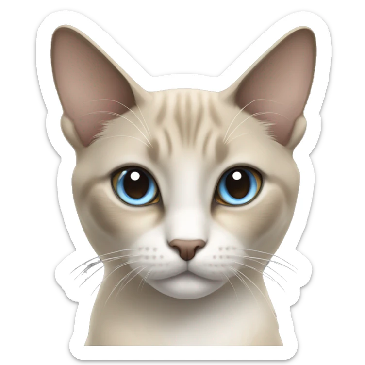 Thai breed cat with a light cream-brown body, dark gray face, ears, and paws. Short fur, sharp ears, and striking light blue eyes with an intense gaze. sticker