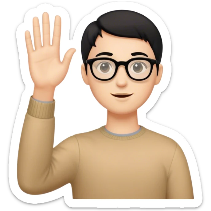 Ragazzo con capelli corti neri, carnagione chiara, occhiali neri, occhi a mandorla che saluta sticker