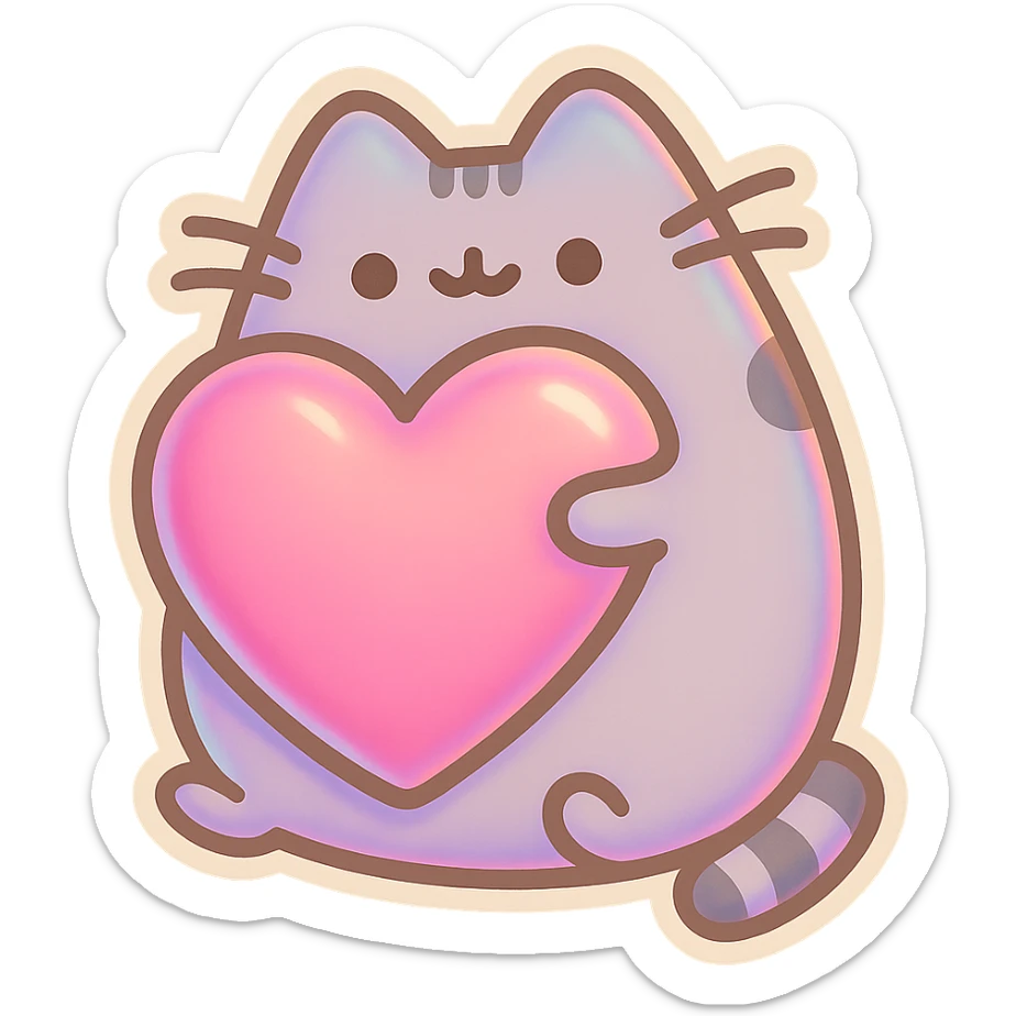 Pusheen hugging a big heart, pastel colors, adorable, retro stickers style sticker