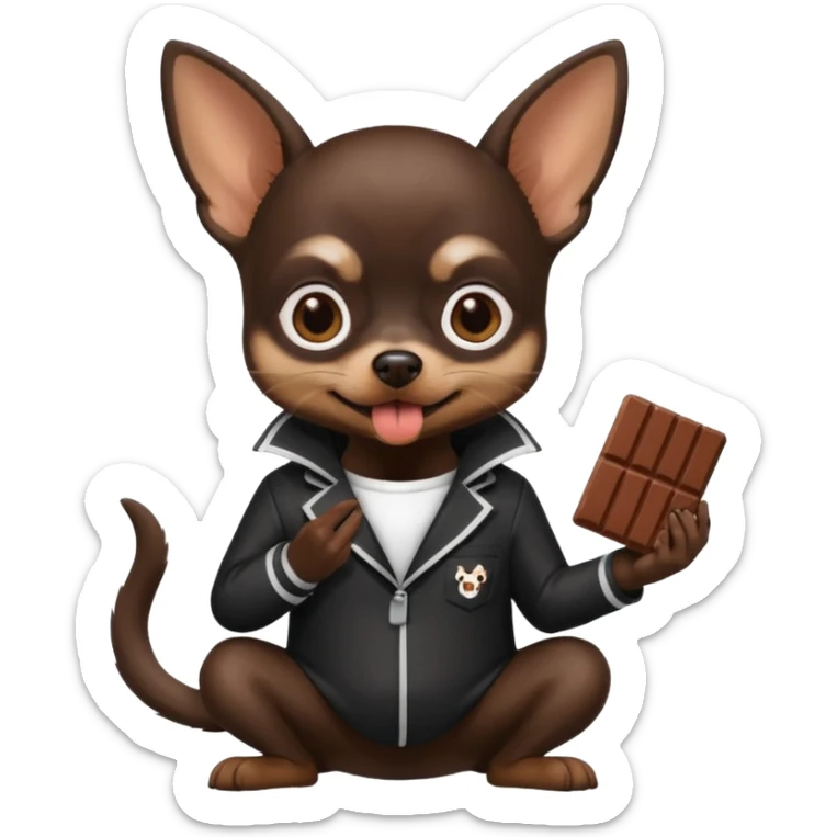 black chihuahua with white and black prison suit with chocolate in its mouth sticker