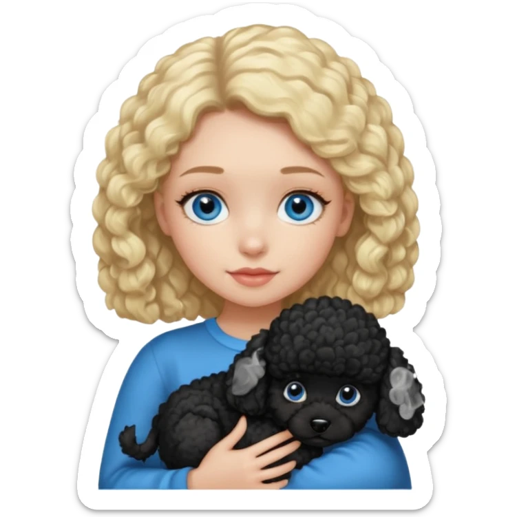 blonde girl with blue eyes holding black puppy poodle sticker