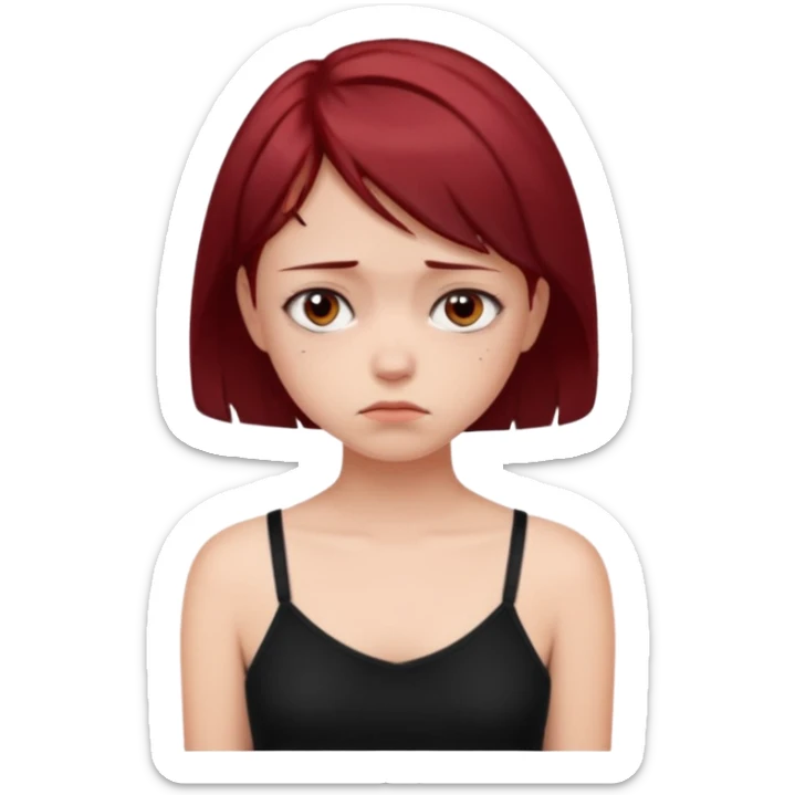 generate a pretty fair bratz girl with short dark red hair looking sad . Wearing a black cami sticker