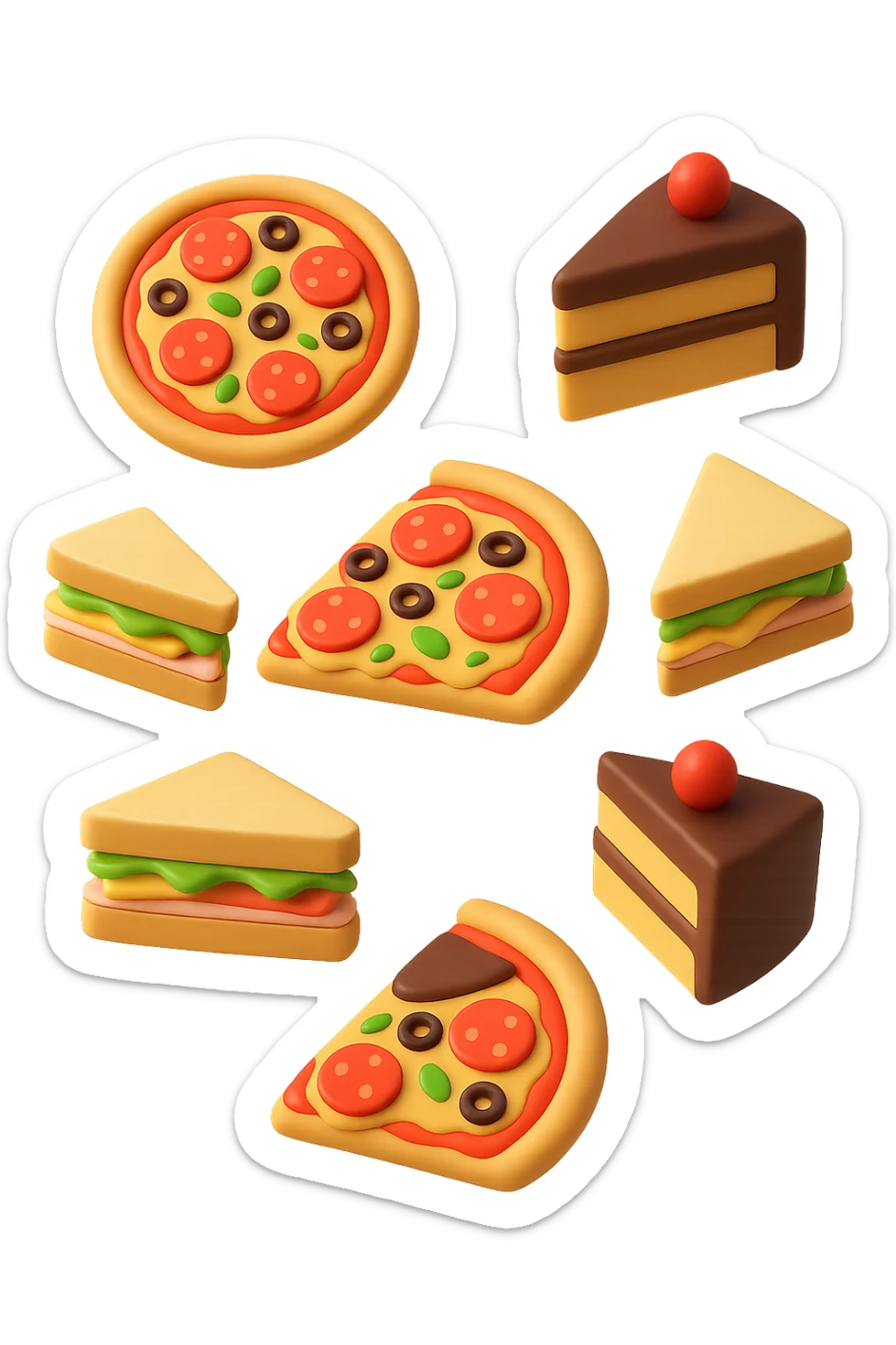 pizzette, fette di torta e panini, fluttuano in aria in 3d, sfondo bianco sticker