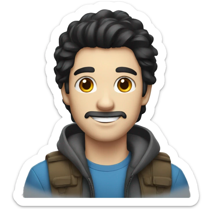 man. black hair, blue eyes, white skin. smiling, adventure sticker
