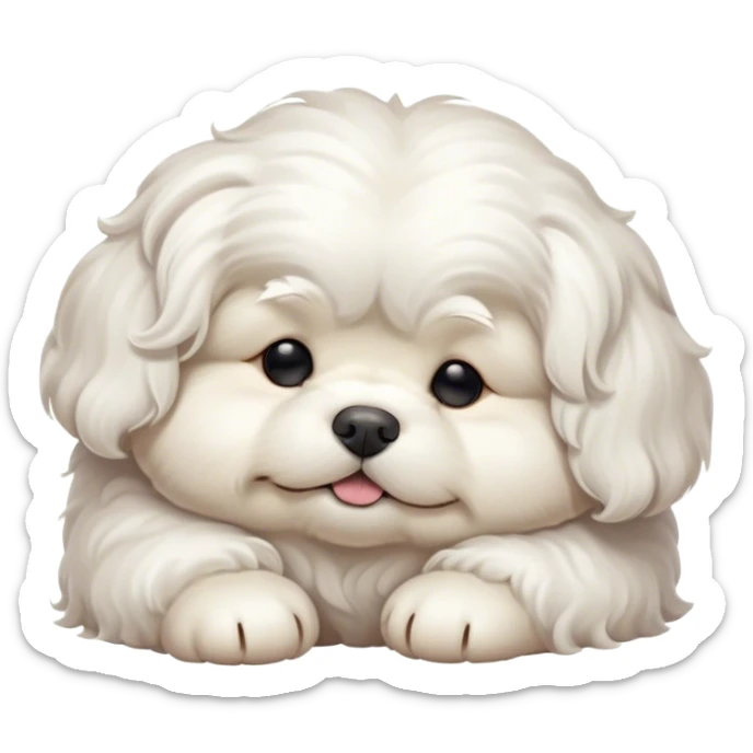 Cinematic Meme-Worthy Chubby Sleeping Wavy-Haired Maltese dog Portrait Emoji, Head resting peacefully with a contented smile, featuring a delightfully chubby build and a luxuriously soft, wavy-haired white coat, eyes shut in a serene nap, Simplified yet hilariously adorable features, highly detailed, glowing with a soft, drowsy light, high shine, relaxed and utterly lovable, stylized with an air of playful laziness, bright and endearing, soft glowing outline, capturing the essence of a comically sleepy companion, so meme-worthy it feels like it could instantly become the next viral sensation of adorable slumber! sticker