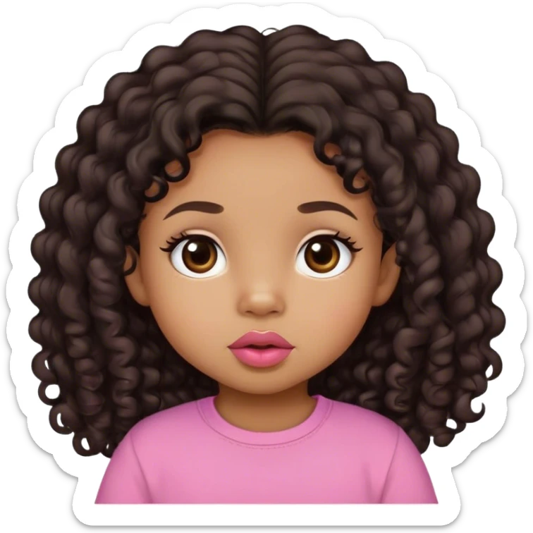light brown skin tone, very adorable toddler, with big plump lips, long long lashes, black curly long hair, brown eyes, pink shirt sticker