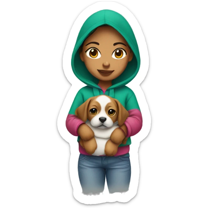 a mexican girl with a hoodie on holding a puppy sticker