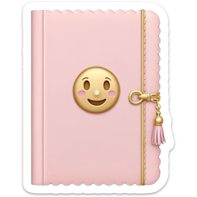 Cute pastel emoji illustration of a soft pink journal with scalloped edges, tiny gold dot details, and a small tassel charm, cozy and elegant stationery vibe sticker