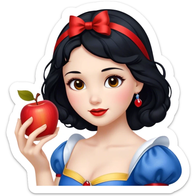 Cinematic Realistic Snow White Portrait, depicted with lifelike skin texture, soft natural lighting, and intricately detailed black hair styled with a red ribbon. Her soft brown eyes radiate innocence and kindness, complemented by a warm, gentle smile. She holds an apple in one hand, her other hand resting against her cheek, embodying her purity and charm. She is dressed in her classic yellow, blue, and red gown, the fabric rich in texture with delicate folds that catch the light beautifully. The portrait features a soft, natural glow with a radiant finish, capturing the essence of timeless beauty in a realistic and painterly style. sticker