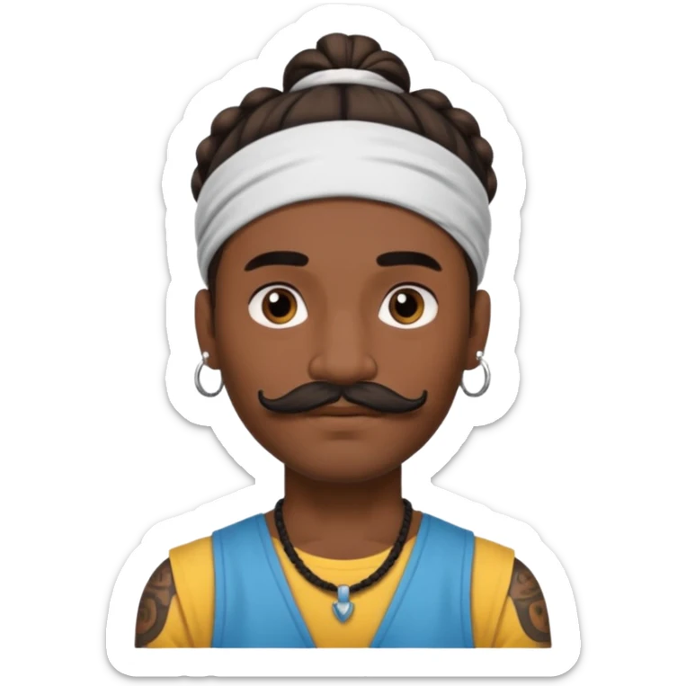 bun hair man and mustache and face tattoos very heavy and headband sticker