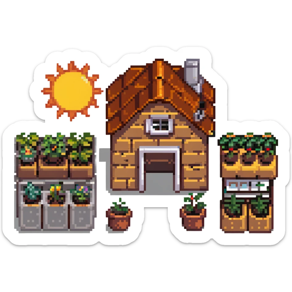 dream life as a pixel art scene with a small home, garden, and sun sticker