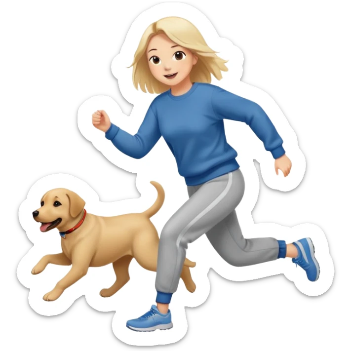 A beautiful girl with fair skin wearing a sweatshirt and sweatpants happily chasing a Labrador sticker