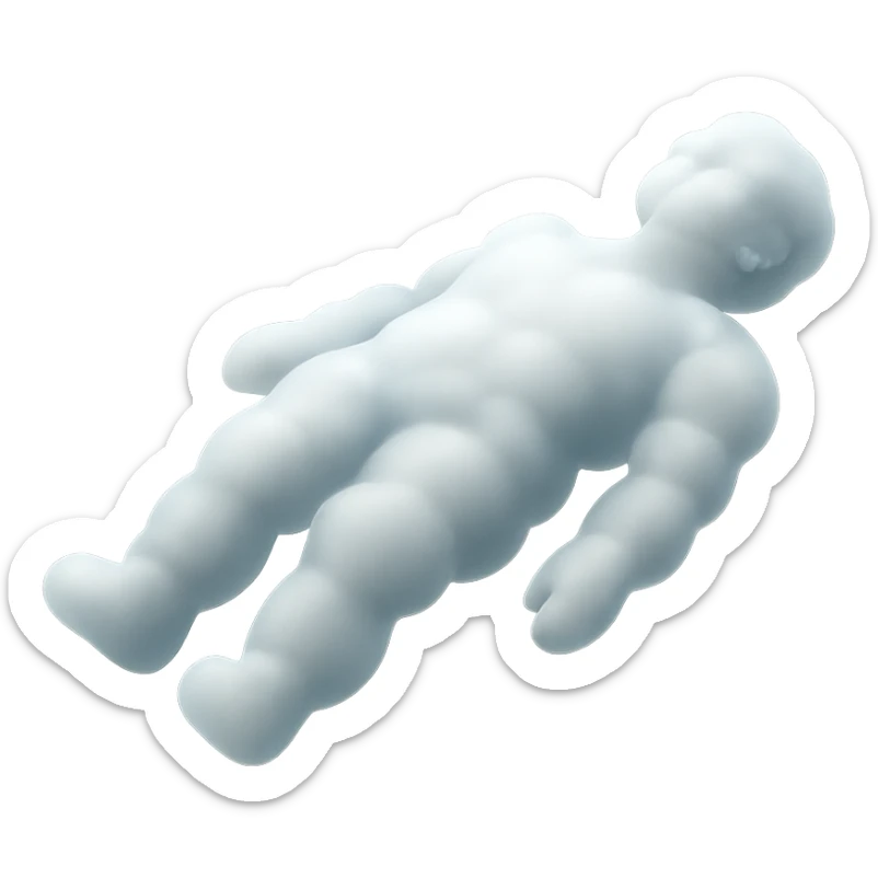 side view of unconscious person, torso up, limbs down, made of bright white fluffy clouds, matte glass style sticker