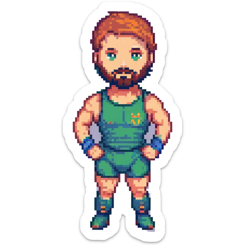 wrestler with a beard and short hair, wearing wrestling gear, pixel art style sticker