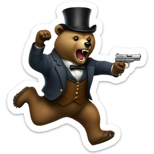Bear jumping through the air with a 1911 pistol in his teeth and wearing a monocle on its right eye sticker