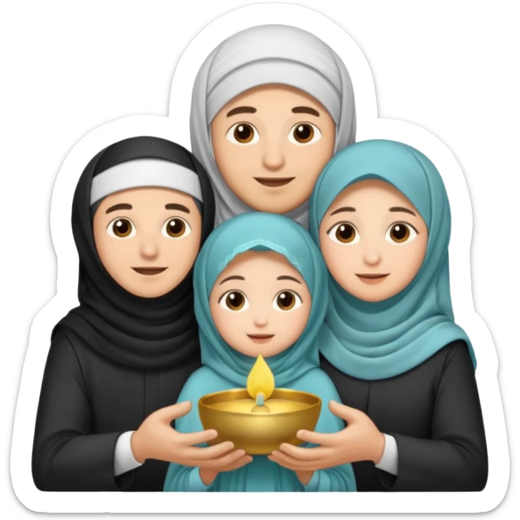 Lebaran. Keluarga terdiri dari Ayah dan ibu, 3 orang anak yang terdiri dari dua anak laki-laki dan seorang anak perempuan yang merupakan anak terkecil. Ibunya menggunakan cadar. sticker