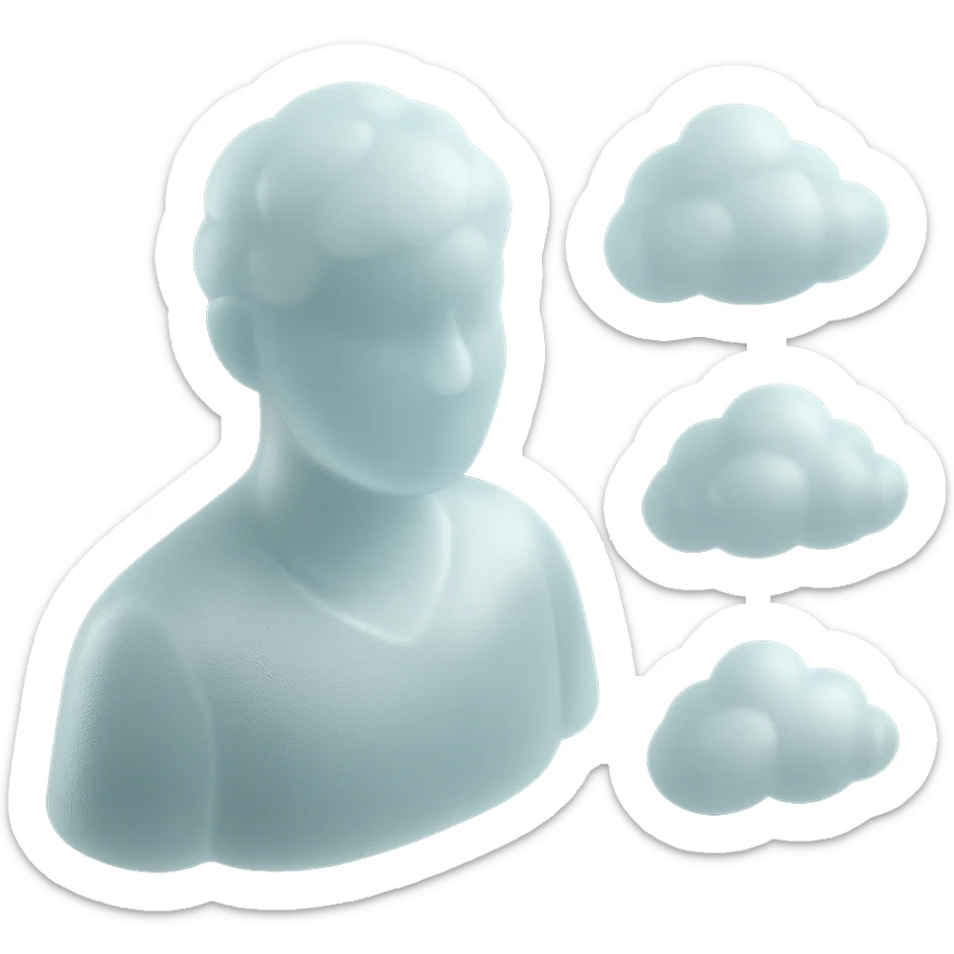 person looking straight, fully made of white fluffy convex clouds, shoulders, matte glass style sticker