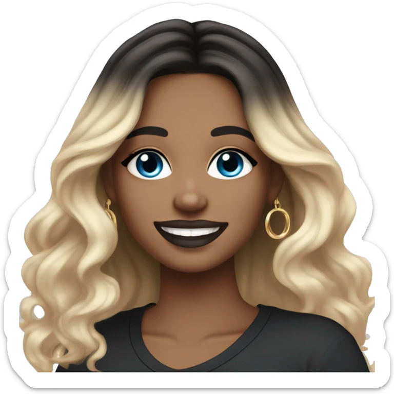 White-skinned adult woman, smiling, glitter drawings makeup on her face, blue eyes, long black-to-blonde ombre wavy hair, ring earrings, black T-shirt. sticker