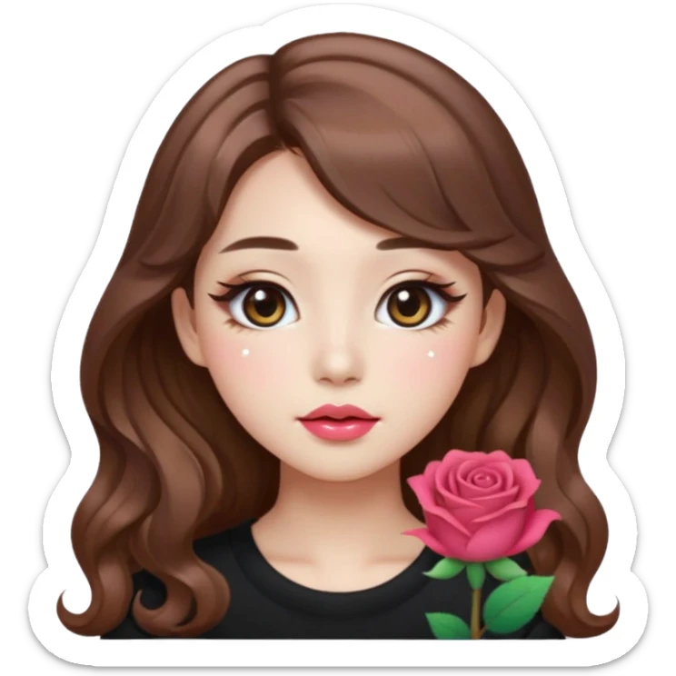 “korean brown hair Emoji girl, soft eyeliner, gradient rose lips, light brown shimmer eyeshadow, sparkly aegyo-sal, long wavy hair,  sticker
