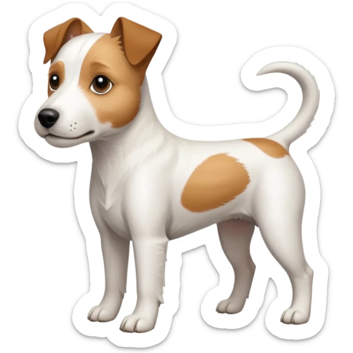 a full body white parson russell looking dog the size of a kelpie with light brown ears and a light brown patch on one eye and a large snout sticker