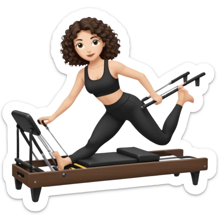 brunette,curly hair shoulder length,turkish,beautiful,with some eyelined eyes, 3b girl doing reformer pilates with black pilates cutesy set,on reformer machine,making different moves.just one person sticker
