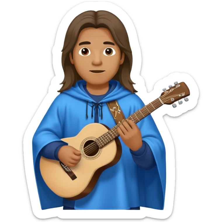 Guy in blue poncho with a long hair and the guitar in his hands sticker