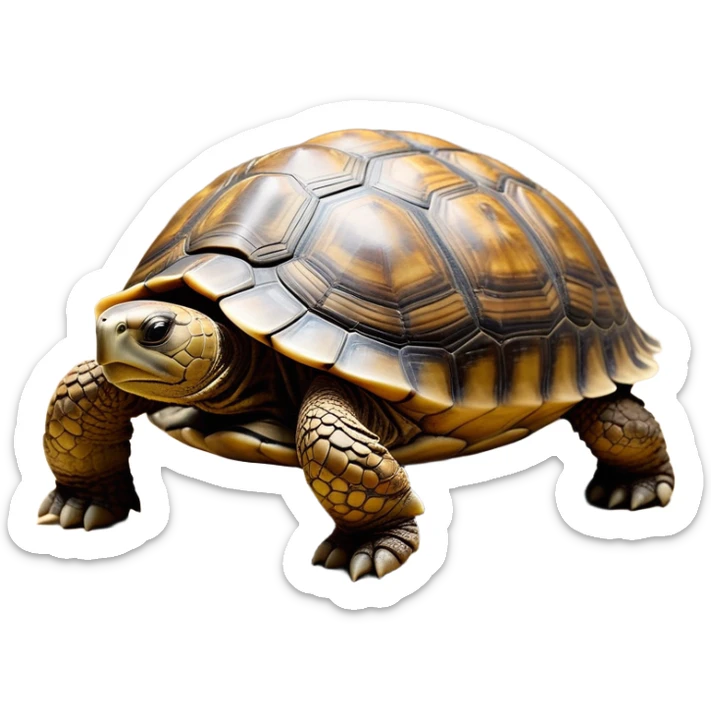 cinematic-tortoise-realistic-full-body-walking-emoji,-sturdy-domed-shell-in-rich-earthy-tones,-thick-scaled-legs-moving-slowly-but-deliberately,-wrinkled-wise-face-peering-ahead-with-calm-determination,-small-dark-eyes-reflecting-centuries-of-patience,-textured-leathery-skin-contrasting-with-the-hardness-of-its-shell,-simplified-yet-realistic-focused-features,-highly-detailed,-glowing-with-an-ancient-earthy-warmth sticker
