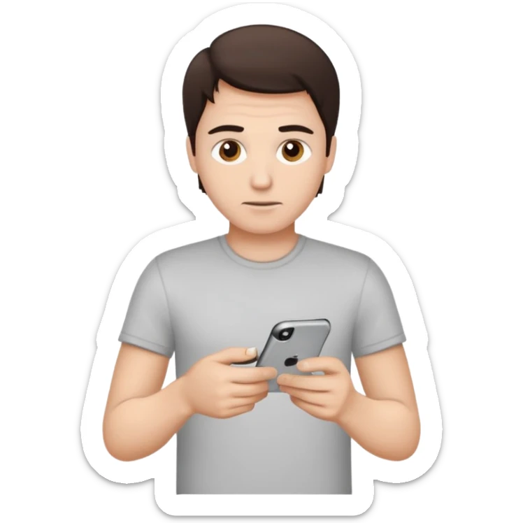 make a white guy with dark brown hair, with a simple white o grey shirt, repairing an iphone, un tecnico sticker