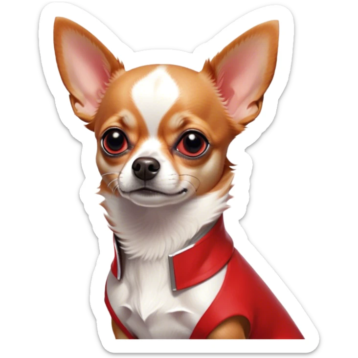Cinematic Noble Red/White Short Haired Chihuahua Portrait Emoji, Poised and regal, with a compact, muscular build and a striking red and white coat, deep-set soulful dark eyes, Simplified yet sharp and sophisticated features, highly detailed, glowing with a soft, dignified glow, high shine, intelligent and loyal, stylized with an air of strength, focused and attentive, soft glowing outline, capturing the essence of a watchful and confident guardian, so majestic it feels as though it could step out of the screen with effortless authority! sticker
