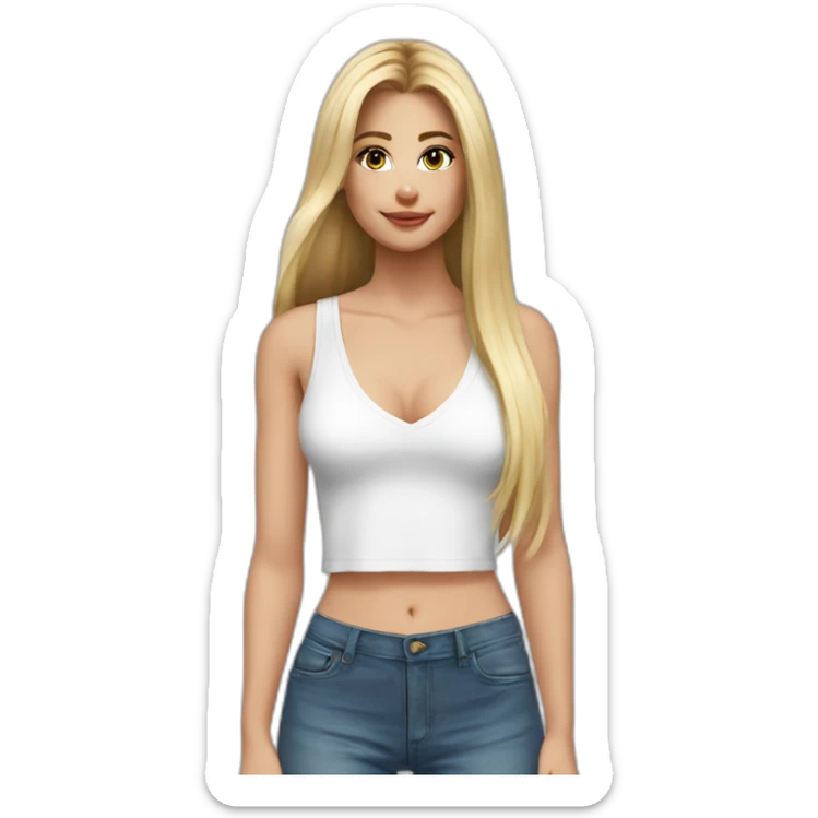 hyperrealistic caucasian blonde, long straight hair, white deep v-neck crop tanktop sticker