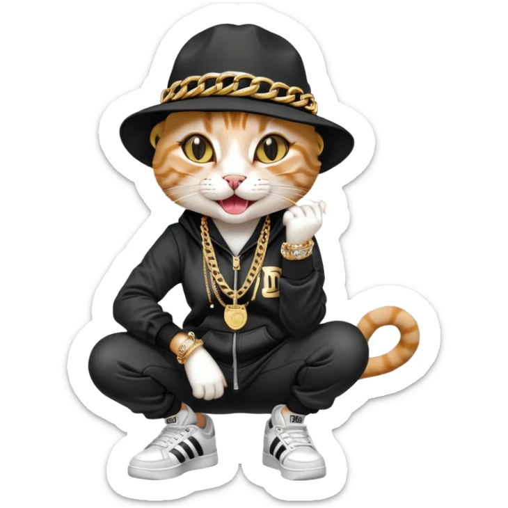 female cat wearing Run DMC hip-hop outfit with tracksuit, fedora, Adidas sneakers, many gold chains, rings, bracelets, flashy earrings, laughing and looking up, no sunglasses sticker