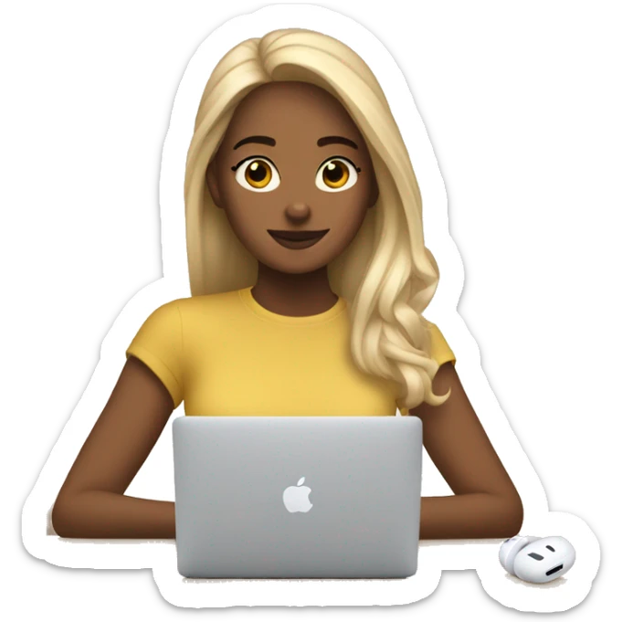 A blonde girl with airpods max and looking at a macbook sticker