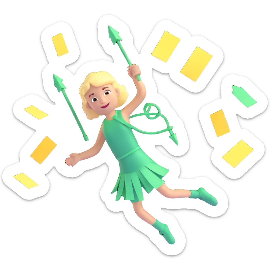 3D icon of a person in mid-jump, multitasking, arrows radiating outward, floating sticky notes, sparkles, dynamic motion, bright colors, vibrant lighting, playful and organized chaos, planning style sticker