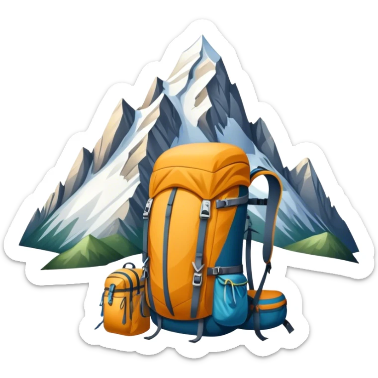 Icon for Mountain Tourism and Climbing: a mountain peak in the background, climbing gear and backpack. The icon should capture the adventure and challenge of alpine exploration. Transparent background. sticker