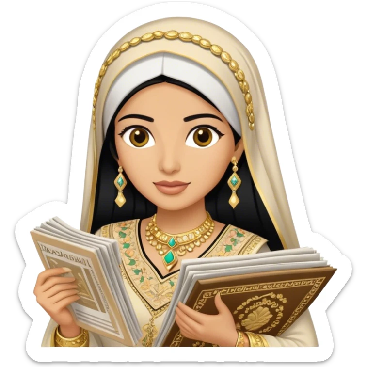 a khaleeji woman dressed in a traditional embroidered outfit,  black hair and a lot of gold accessories holding newspapers  sticker