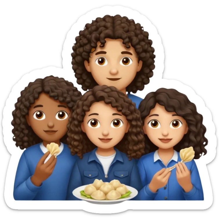 Can you create an emoji of three 23 year olds eating dumplings. One boy with wavy curly hair and one Jewish girl with long dark brown curly hair and one half Indian / half white girl with mid length straight dark brown hair. All brown eyes sticker