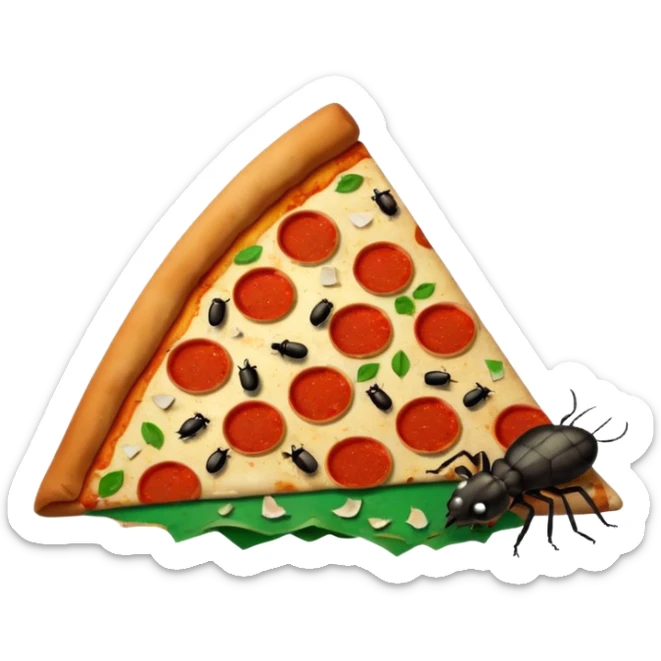emoji-style icon of a pizza restaurant with pizza slice sign, trash, bugs, and a rat in the style of the apple emoji rat outside, dirty and gross, clear at small size, no text sticker