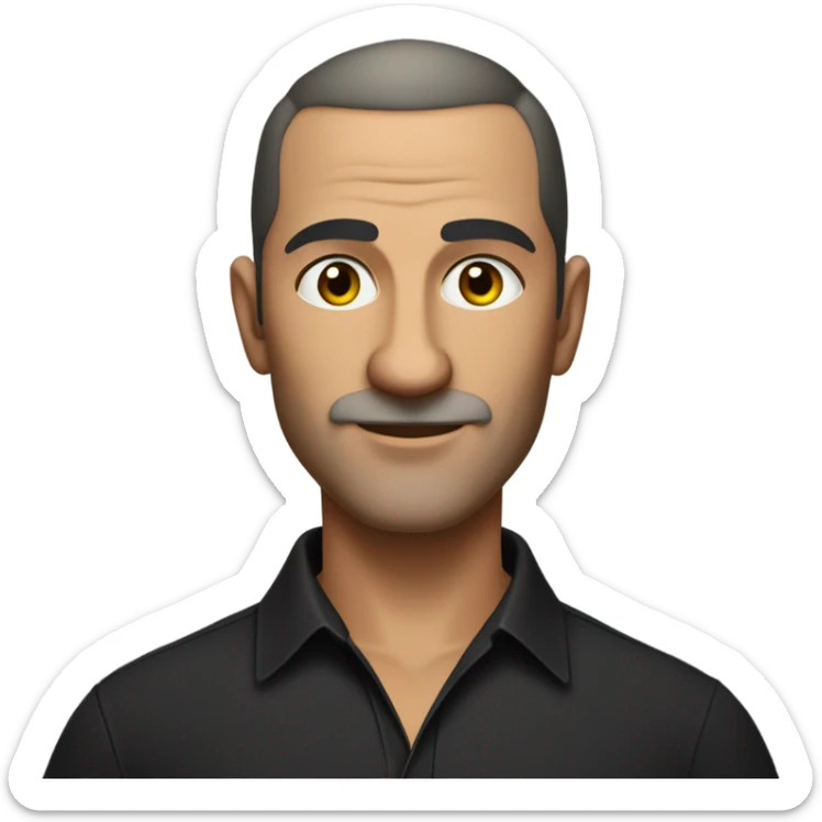 A middle-aged Italian man with olive-toned skin and a confident demeanor, sporting a buzz cut and no facial hair. He is wearing a sleek black smart shirt, casually unbuttoned at the top. sticker