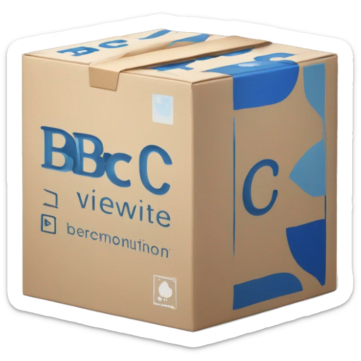 Plain white box with blue pictures of wine on the side and bold 'BC' logo in the middle of one side of the box sticker