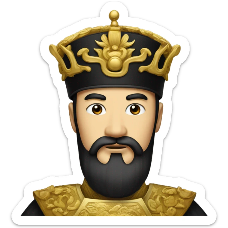 The Chinese emperor,with black hair and black beard,wore a high black golden hat  sticker