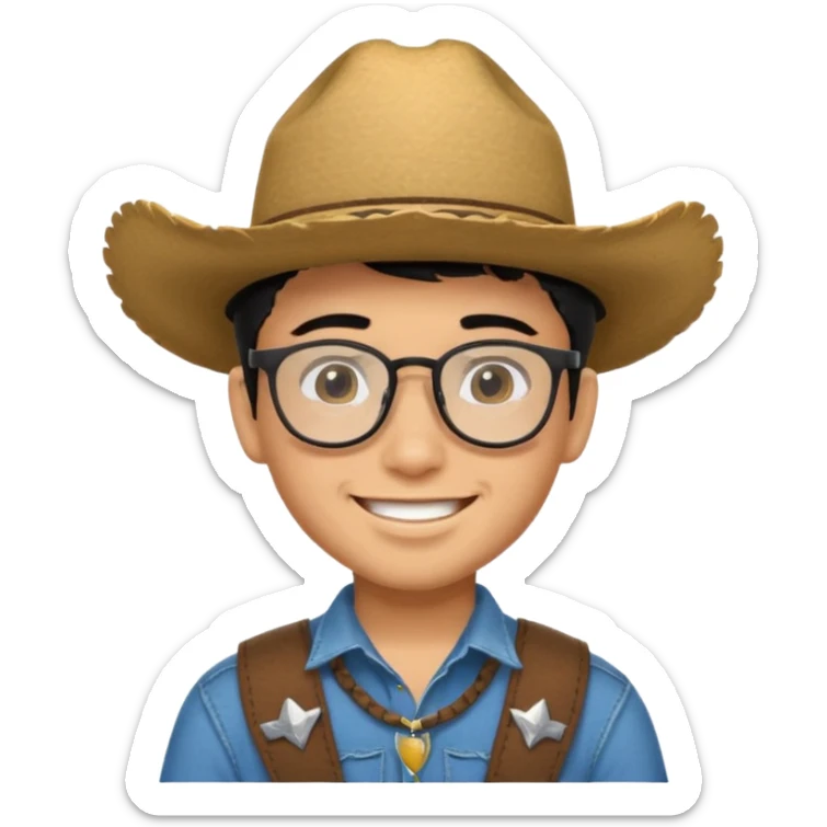 Hispanic Smiling boy with cow boy hat and black hair  . With chin strap and black glasses  sticker