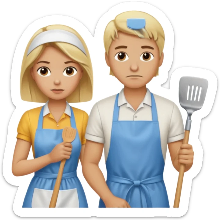 A blonde women slaving away cleaning a kitchen while her blonde husband scowls at her sticker