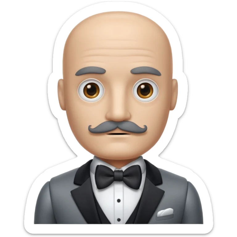 Gray Robot with a square head, no hair, no pupils, thick moustache, wearing a tuxedo, buff sticker