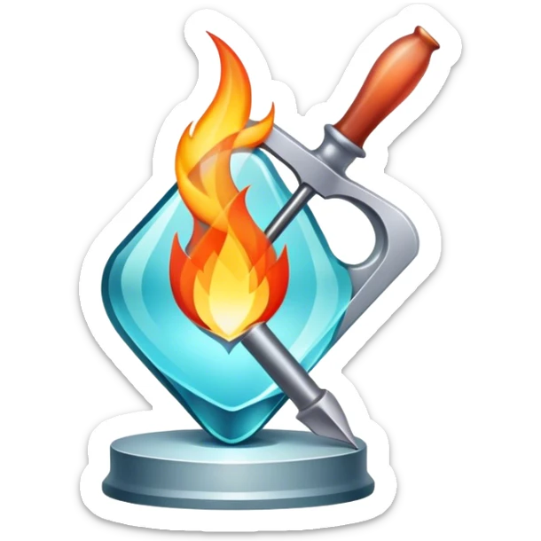 Glassworking icon, piece of glass being shaped with tools, glass cutter, flame for glassblowing, smooth edges, sparkling texture, minimalistic style, clean lines, transparent background. sticker